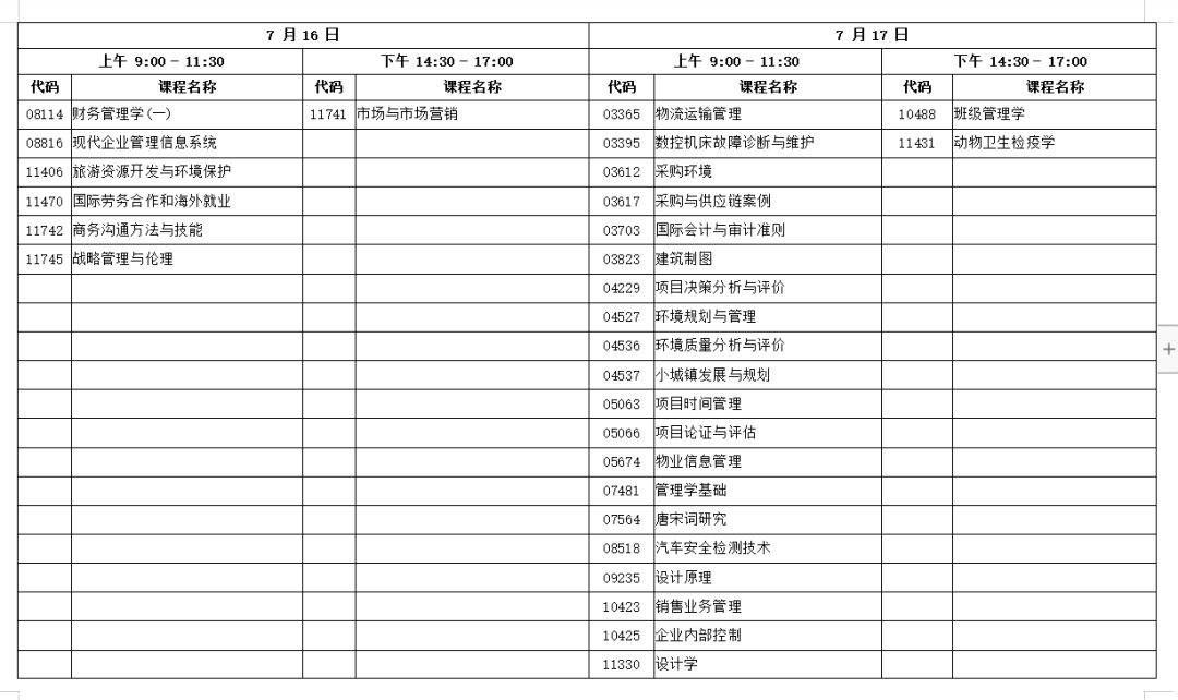 广东省2022年4月自考延考课程考试时间安排表